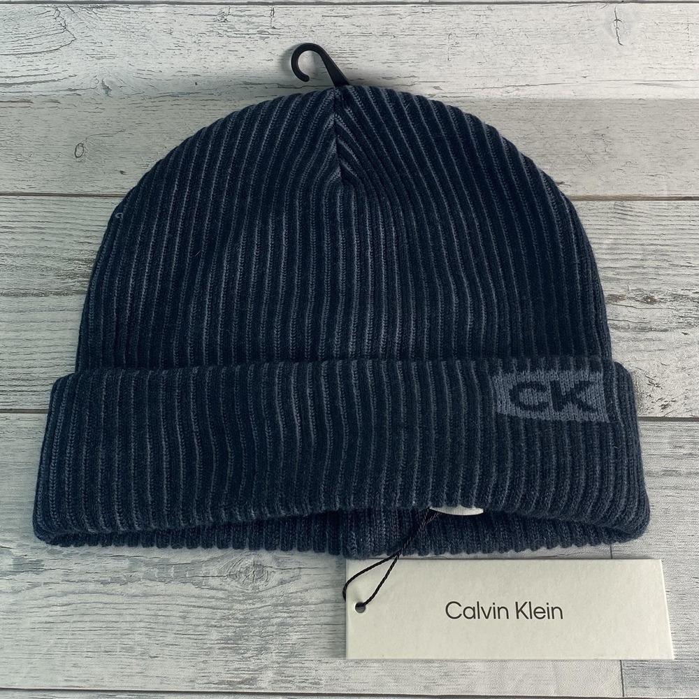 Calvin Klein Hat Beanie One Size Blue Stripe Cuffed Knit CK Logo Mens Acrylic